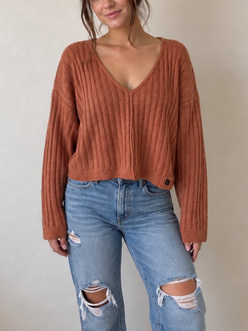 Abercrombie & Fitch, Women's Coral Boxy V-Neck Sweater, Size Large NEW NWT